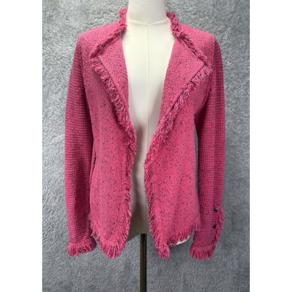 NIC+ZOE Womens S Pink Tweed Knit Jacket Fringe Open Front Cotton Moto Boho